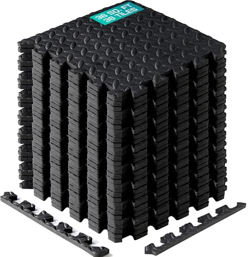 Yes4All Interlocking Exercise Foam Mats with Border – Interlocking Floor Mats for Gym Equipment – Eva Interlocking Floor Tiles - 36 Square Feet (36 Tiles) - Black