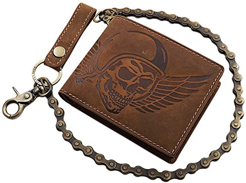 myledershop Echt Büffel-Vollleder Geldbörse/Geldbeutel/Portemonnaie/Portmonee in Hoch- oder Querformat mit Metallkette und Totenkopf-Motiv mit RFID & NFC Schutz in Braun (Modell 2 / Querformat)