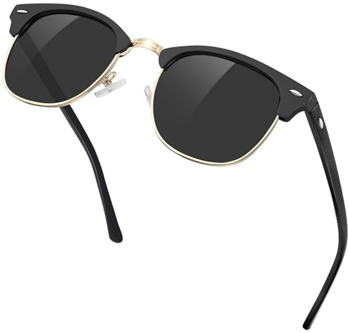 KANASTAL Lunettes de Soleil Homme et Femme Polarisées Rétro Lunettes de Soleil Carré Noir Doré Demi Monture Métal Classique Vintage Mode UV400