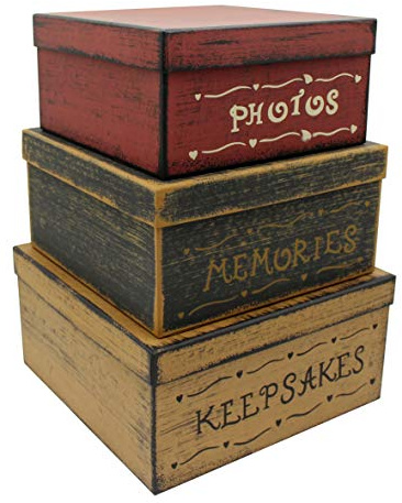 CVHOMEDECO. Primitivos Cuadrados Antiguos Fotos, Recuerdos, Recuerdos Cajas Nido de Cartón, Grandes 27,9 x 27,9 x 14 cm. Juego de 3.