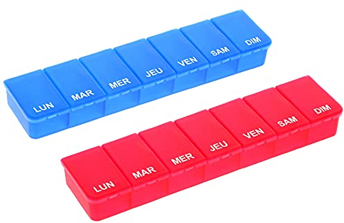 COM-FOUR® 2X Doseur de médicaments en FRANÇAIS - boîte à médicaments pour 7 jours - 1 compartiment chacun - pilulier (bleu foncé/rouge - 7x1)