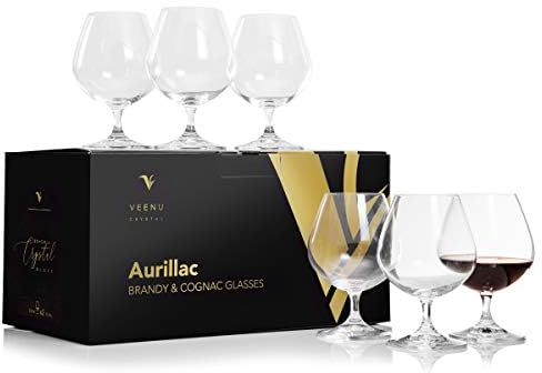 VC VEENU CRYSTAL Aurillac - Juego de 6 vasos de coñac para brandy, coñac, vasos de cristal bohemio para brandy, coñac, whisky, vidrio 100% sin plomo, 400 ml