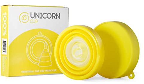Unicorn Cup Foldable Menstrual Cup & Sterilizer/Carry Case (Yellow), Use for up to 12 Hours, Light/Medium/Heavy Flow, Super Soft 100% Medical Grade Silicone, Reusable