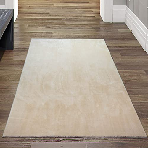 Klassischer Teppich Wohnzimmer weich Flokati Badezimmer waschbar in beige, 60x110 cm