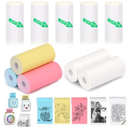 HUIJUTCHEN 10 Rolls Mini Printer Paper - 5 Thermal Sticky & 5 Plain, 57X25mm for Inkless Printer, Notes, Journal, Memo, Photo, Study