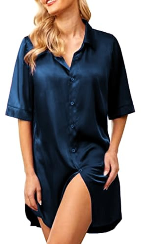 Vossmi Camisón Mujer Ropa de Dormir Manga 3/4 Camisón de Cuello en V Botones Pijama Interior Camisones Vestido Lencería y Ropa(Azul,XL)