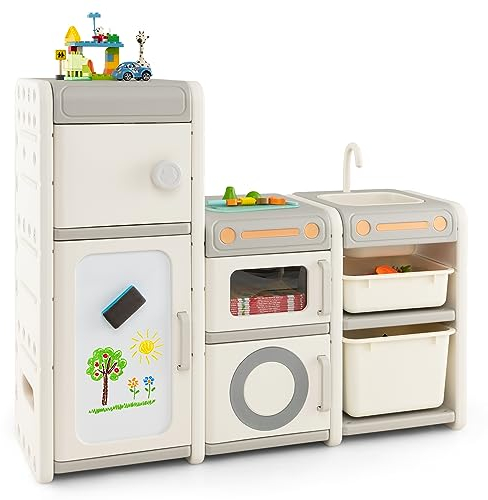 COSTWAY Kinderregal mit Boxen, Kinderzimmer Regal mit 4 Schränken Spül Wasserhahn Whiteboard Markern Tafelradierer, Bücherregal für Kinder, Spielzeugregal für Spielzeug Aufbewahrung (Träumer)