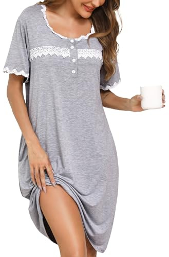 Lovasy Camisones Mujer Verano Manga Corta Botones Ropa De Dormir Super Suave Camisón para Mujer con Bolsillos,Gris Claro,S