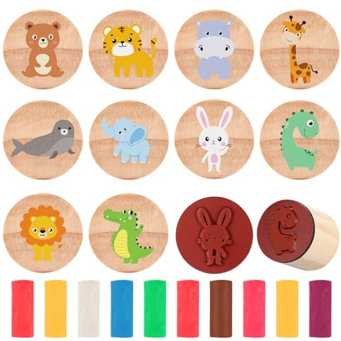 Tenare Juego de 10 Sellos de Madera y Plastilina Contener 10 Sellos de Animales de Madera para Niños y 10 Plastilina Multicolor para Obsequios Regalos de Cumpleaños(Bosque)