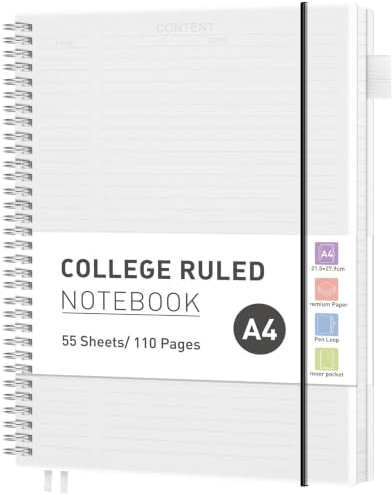RETTACY A4 Spiral Notebook, Lined Journal, Notepad, 110 Pages, Transparent | Flexible Plastic Cover Note Book, 100 GSM College Ruled Paper, with Pocket, Pen Loop, Ruler & Bookmark - 21.5 x 27.9 cm