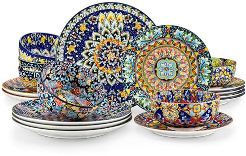 vancasso SIMI Dinner Set- 18 Pieces for 6 People, Porcelain Plates and Bowls Set, Bohemian Style Dinnerware Sets, Scratch Resistant Dinner Service Set, Dishwasher and Microwave Safe