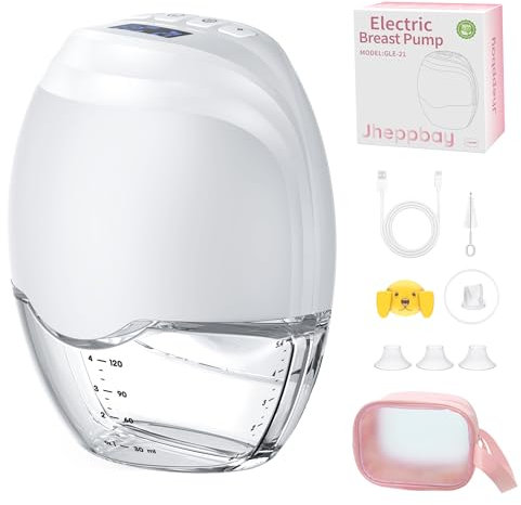 Jheppbay Milchpumpe Elektrisch Tragbar Freihändig - All-in-One Elektrische Milchpumpe mit 3 Modi und 12 Stufen, BPA-frei, Schmerzfreie, mit 17mm/21mm Flansch (Weiß, 1 Stück)