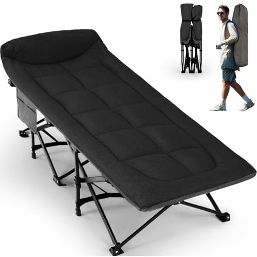 OVERMONT Klappbar Feldbett mit Matratze - Faltbar Campingbett 190 x 70 x 40 cm - bis 250kg Belastbar - Oxfordgewebe mit Seitentasche Tragetasche für Camping Garten Büro Schwarz