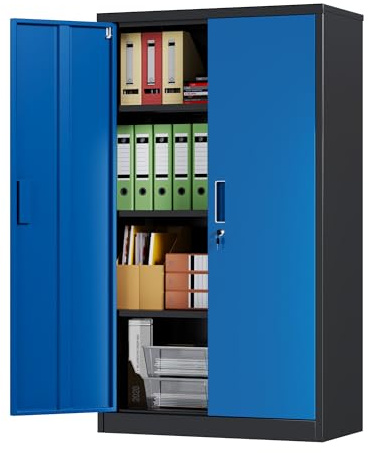SUPEER Armadio metallico professionale, 140 x 80 cm, nero/blu | 2 ante, 3 ripiani regolabili, acciaio di alto calibro, uso intensivo in officine, garage e uffici, montaggio rapido incluso