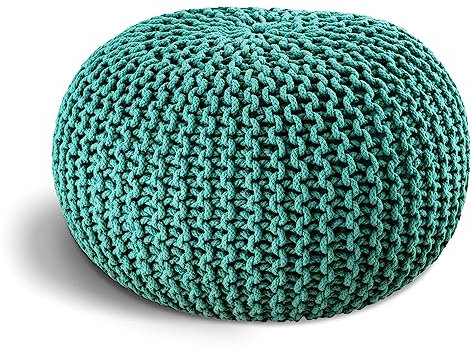 ELYFLAIR® Pouf en tricot fait à la main - Diamètre : 55 cm ou diamètre : 45 cm - Avec aspect élégant en tricot grossier - Décoration intérieure (turquoise, diamètre : 45 cm)