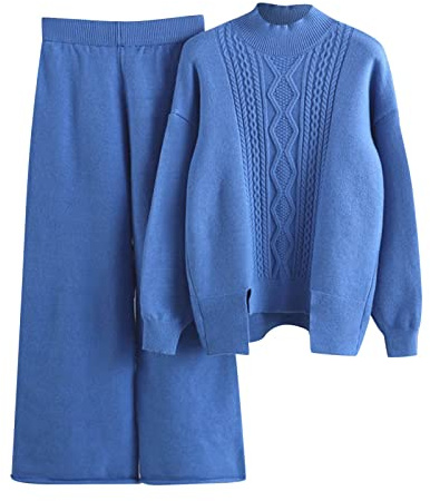 HEONSATI Tuta in Maglia da Donna Eleganti Completi 2 Pezzi Lavorati Comodo Completo Pullover Top Maniche Lunghe Pantaloni a Gamba Larga in Vita Tute Sportive Invernale Set Di Maglia Leggera