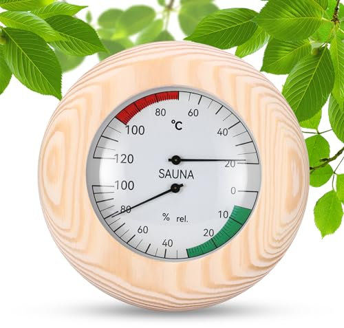 PCXWTLN Thermomètre hygromètre de sauna 2 en 1 en bois pour sauna - Instruments de mesure numériques de sauna - Accessoires de sauna de haute précision pour mesurer la température et l'humidité (rond)