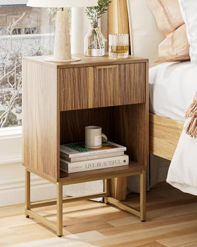 HEYZOEY® Mesita de Noche con cajón, Mesa Auxiliar de 40 cm de Ancho con Compartimento Grande, mesita de Noche Moderna para Dormitorio, salón u Oficina (Acabado de Nogal con Ranuras)