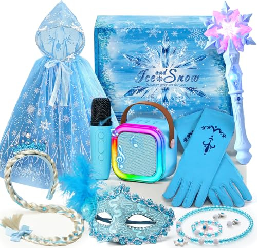 G.C Reine des Neiges Jouet Cadeau Fille 4 5 6 7 8 Ans, LED Micro Karaoke Enfants avec & Micro & Déguisement Accessoires & Baguette Magique, Cadeau pour Enfant Fille