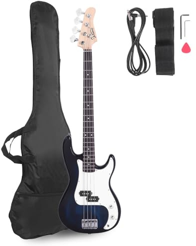 Bonnlo Electric Bass Guitar 4 Strings Full Size for Beginner Exquisite Basswood Burning Bass with Bag, Strap and Accessories,Blue