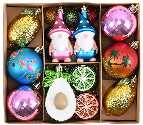Valery Madelyn 30ct Summer Tree Ornaments Christmas in July Decorations, Coastal Beach Ocean Theme Set with Flamingo, Gnome, Avocado, Lemon & Palm Tree. Shatterproof Balls for Hawaiian Tropical Party