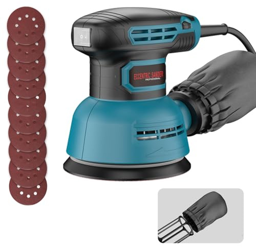 300 W excenterslipmaskin, 125 mm, 6-stegs slipmaskin (5 000 – 12 000 varv/min) med dammsamlare och 10 slippapper för trä, metall och kakelslipning