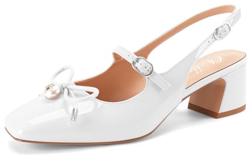 Women's Ballet Slingback Block Chunky Heels Closed Square Toe Low Heels Patent Leather Mary Jane Bow Pearl Work Dress Adjustable Buckle Strap Ballerina Pumps Shoes 2-inch(White Size 9)