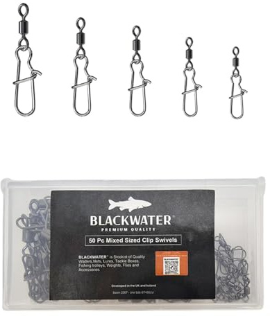 Blackwater 50 Pack Fishing Swivels Barrel Interlock Snap Link Clip Quick Change Mixed Sizes 2 4 6 8 10 Clear Compartment Storage Case High Strength Rolling Connectors Sea Carp Spinner Lure Rig
