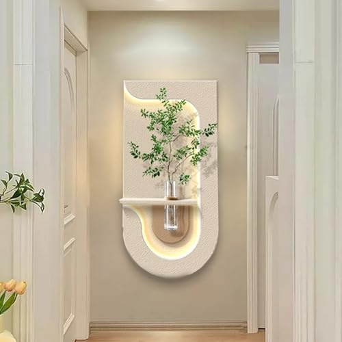 Quadro 3D LED in Arenaria, Scultura da Parete Artigianale con Vaso Idroponico e Pianta Artificiale, Raffinata Decorazione da Parete per Ingresso, Corridoio, Soggiorno(B,40 * 80cm/15.7 * 31.5in)