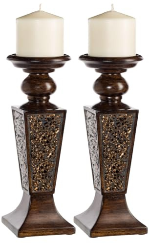 Creative Scents Schonwerk Brown Pillar Candle Holder Set of 2- Crackled Mosaic Design- Functional Table Decorations- Centerpieces for Dining/Living Room- Best Wedding Gift