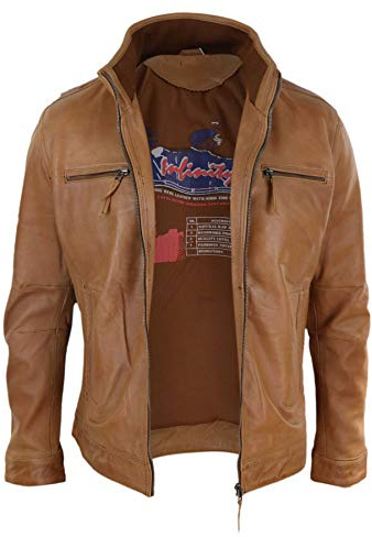 Infinity Leather Giacca Biker da Uomo in Vera Pelle Stile Casual Elegante con Collo Alto - Nocciola XL