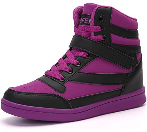 UBFEN Womens High Top Sneakers with Hidden Wedge Heel Ankle Support 2 Inch Height Increase 80s Retro Casual Boots Black Purple Size US 8
