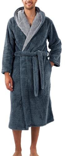 DAVID ARCHY Men's Bath Robe Luxury Soft Hooded Dressing Gown Ultra Soft Warm Collar Long Bathrobe Loungewear And Nightwear Grey L