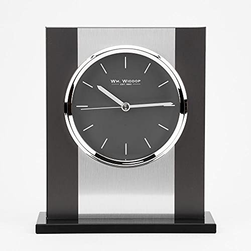 WM. Widdop Black Glass and Brushed Aluminium Contemporary Mantel Clock
