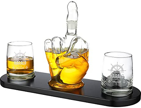 Dekanter 6-TLG für Whisky - 2x personalisierte Whiskygläser, 1x Ständer aus Holz, 1x Trichter und 6x Whiskysteine - Scotch Bourbon - Karaffe Dekanter für Genießer - Papa, Opa, Mann - Motiv Steuerrad
