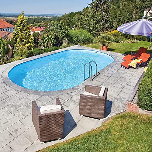 Well2wellness® Sunny Pool Ovale Set - Piscina Relax 630 x 360 x 120 cm, in Acciaio da 0,6 mm, Rivestimento Interno Blu, Corrimano in PVC Blu