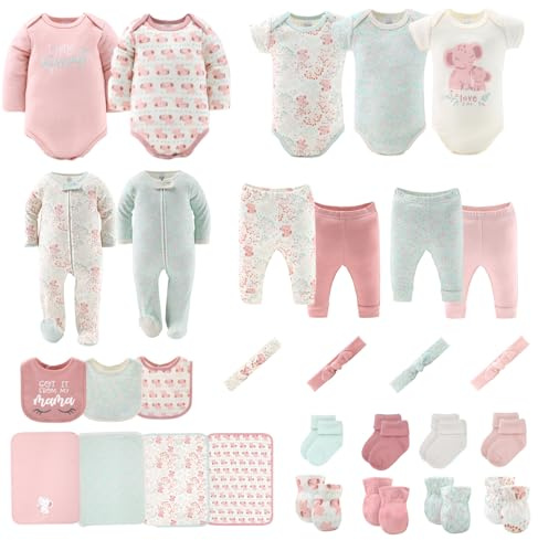The Peanutshell Baby Layette Gift Set for Girls - 30 Piece New Born Girl Gift Set, Baby Clothes & Newborn Essentials Must Haves - Newborn Clothes 0-3 Months - Floral Elephant