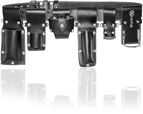 LAUTUS Scaffolding Belt | 7-Piece Leather Scaffold Belt, 2 Wide | Fits Waist Sizes from 32” – 50” | Includes 6 Scaffold Tool Holders to Securely Hold Your Level, Tape, Spanners, Hammer| 3.5MM Leather