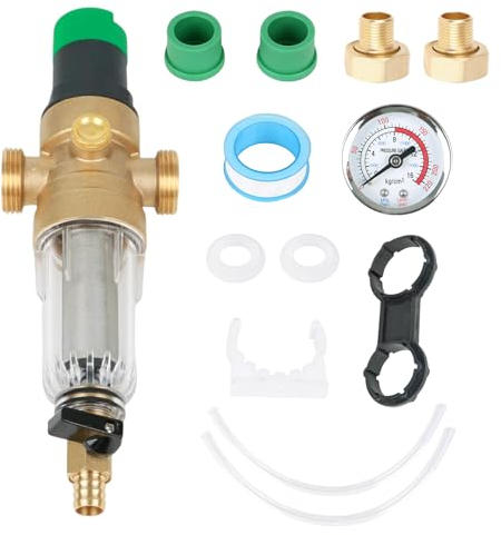 URCheers Reductor de presión de agua,filtro de retrolavado FK06,reductor de presión de 1 pulgada,manómetro + medidor,reductor de presión de agua con filtro autolimpiante,regulador de presión de agua