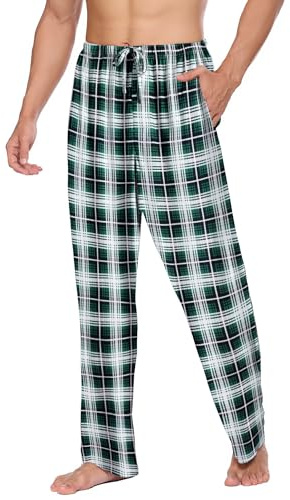 Ekouaer Pantalon de Pyjama Homme Bas de Pyjama à Carreaux Vêtement de Nuit & de Détente Pantalons Confortable Longue et Respirant Décontracté vert + blanc, XXL