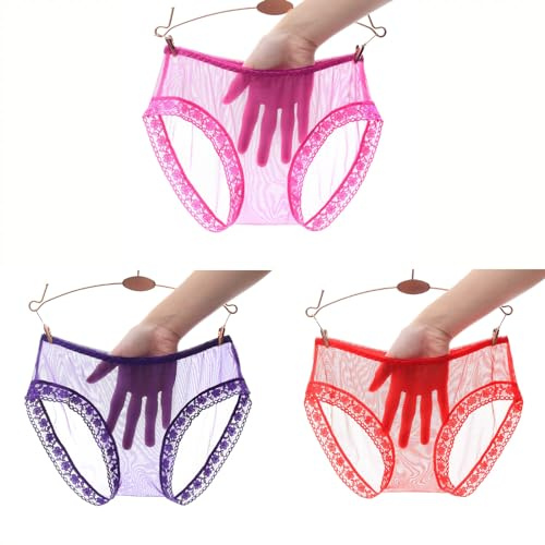 KFEXLYNG 3-pack underkläder damer trosor spets damer trosor sexig hipster mjuka trosor bekväma underkläder kvinnor, sexig syn genom mesh spets trosor flerpack, röd, XL