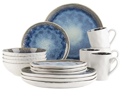 MÄSER 934092 Série Frozen Service de table en céramique pour 4 personnes 16 pièces avec formes organiques Bleu moucheté Bleu foncé