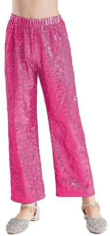 MSemis Bambina Pantaloni di Paillettes Glitter Pantaloni Lunghi da Ballo Latino Tango Danza Moderna Jazz Ragazza Pantaloni da Ballo di Strada Hip Hop Discoteca Dancewear Rosa Caldo 5-6 Anni