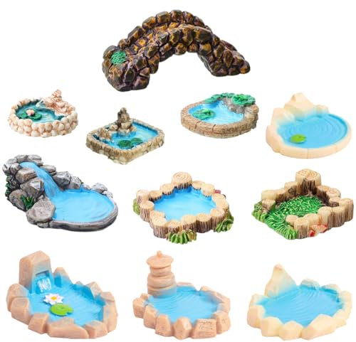 Fairy Garden Pond 15 Pack Mini Ponds for Fairy Garden Accessories Little Ponds Miniatures Figures Ornaments Tiny Resin Bridge Statue Terrarium Accessories Gifts Brown
