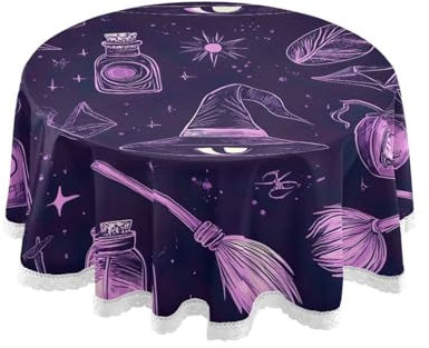 JUMBEAR Mantel redondo de poliéster con sombrero de bruja y escoba, hermoso mantel circular de poliéster, resistente al agua, a prueba de derrames, para comedor, cocina, fiesta, 60 pulgadas