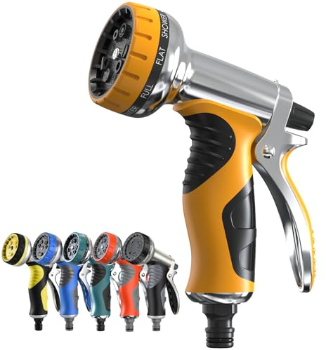 Hose Pipe Spray Gun, 9 Adjustable Patterns Garden Hose Spray Gun, Upgraded Garden Hose Nozzles & Spray Gun, Heavy Duty Metal Hose Spray Gun, Multi Hose Head, Garden Hose Nozzle (Orange Color)