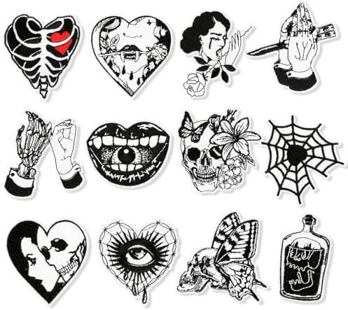 JSRQT 12Pcs Cool Skull Iron on Patches for Clothing, Black Self Adhesive Embroidered Applique Stickers for Adult Kids, Sew On Repair Embroidery Patches for Jeans Jackets Shoes Hats Backpack
