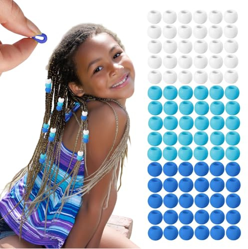 Auroriel 90 Stück Silikon Haarperlen Kinder Zöpfe Mädchen Frauen Weiche Bunte Zopfperlen Wiederverwendbare Haaraccessoires Set Farbverlauf Blau Hellblau Weiß mit Einfädelhilfe