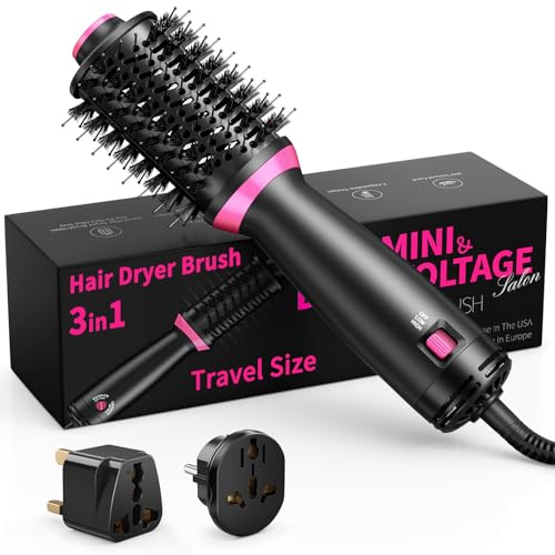 BKXCHA 3in1 Warmluftbürste Rundbürstenföhn Stylingbürste, Doppelte Spannung One-Step Reisen Fönbürste Rundbürste Stylingbürste mit Negative Ionen, 2 Heiz Gebläsestufen, 2 Adapter, für Alle Haartypen