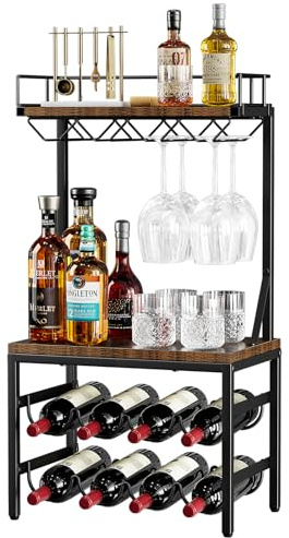 Nuovoware Armadio per Liquori 3 Livelli con Portabottiglie, Supporto per Liquori Mini Bar, Versatile Cantinetta da Terra Indipendente con Piano d'Appoggio e 8 Portabicchieri, Marrone Retrò+Nero
